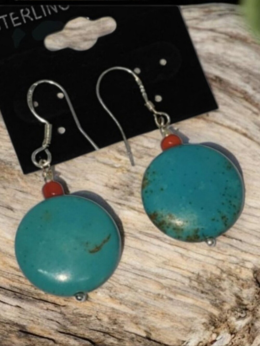 Sterling Silver 925' Turquoise Drop Earrings Discs with Coral Accent